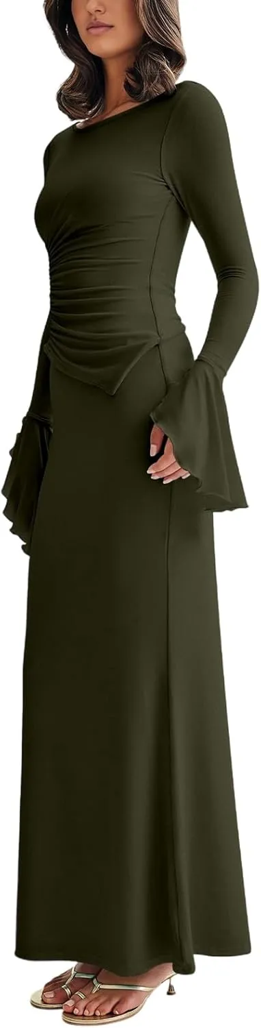 Lrady Womens 2 Piece Sets Long Sleeve Crewneck Cropped Top Slim High Waist Party Maxi Pencil Skirts Long Dress Outfits