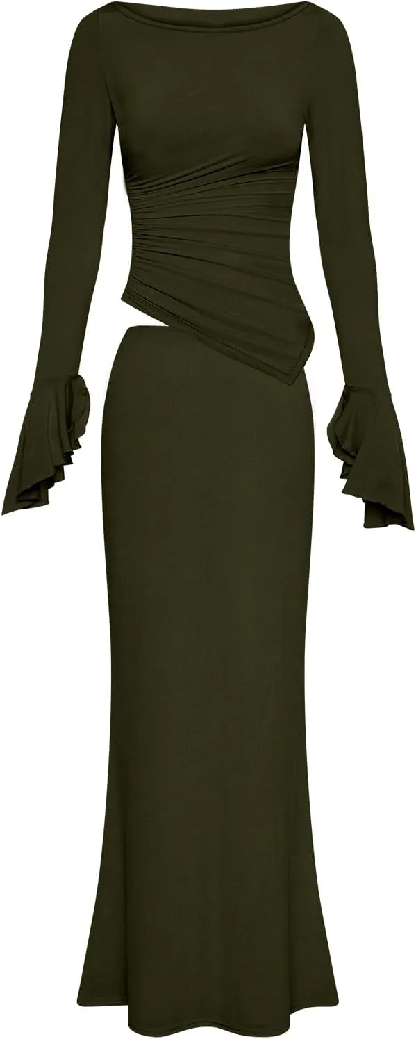 Lrady Womens 2 Piece Sets Long Sleeve Crewneck Cropped Top Slim High Waist Party Maxi Pencil Skirts Long Dress Outfits