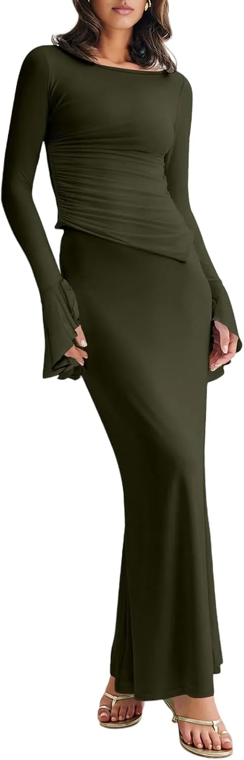 Lrady Womens 2 Piece Sets Long Sleeve Crewneck Cropped Top Slim High Waist Party Maxi Pencil Skirts Long Dress Outfits