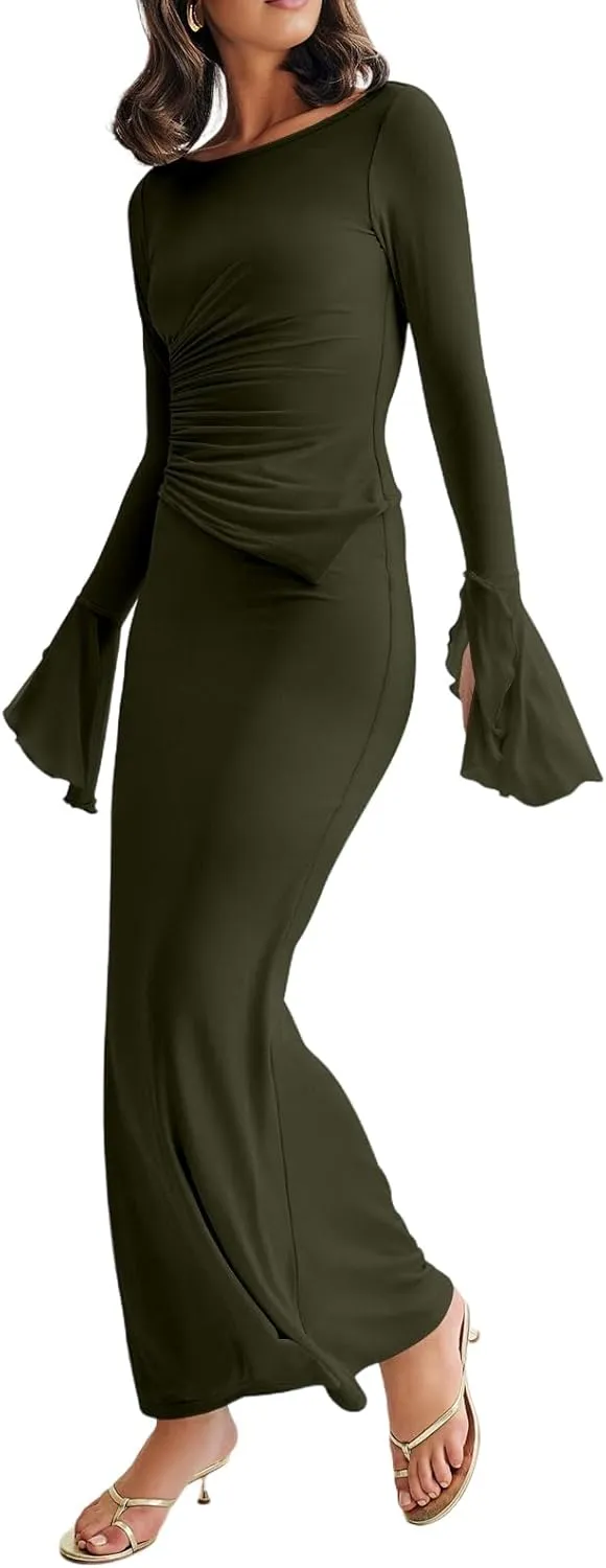 Lrady Womens 2 Piece Sets Long Sleeve Crewneck Cropped Top Slim High Waist Party Maxi Pencil Skirts Long Dress Outfits