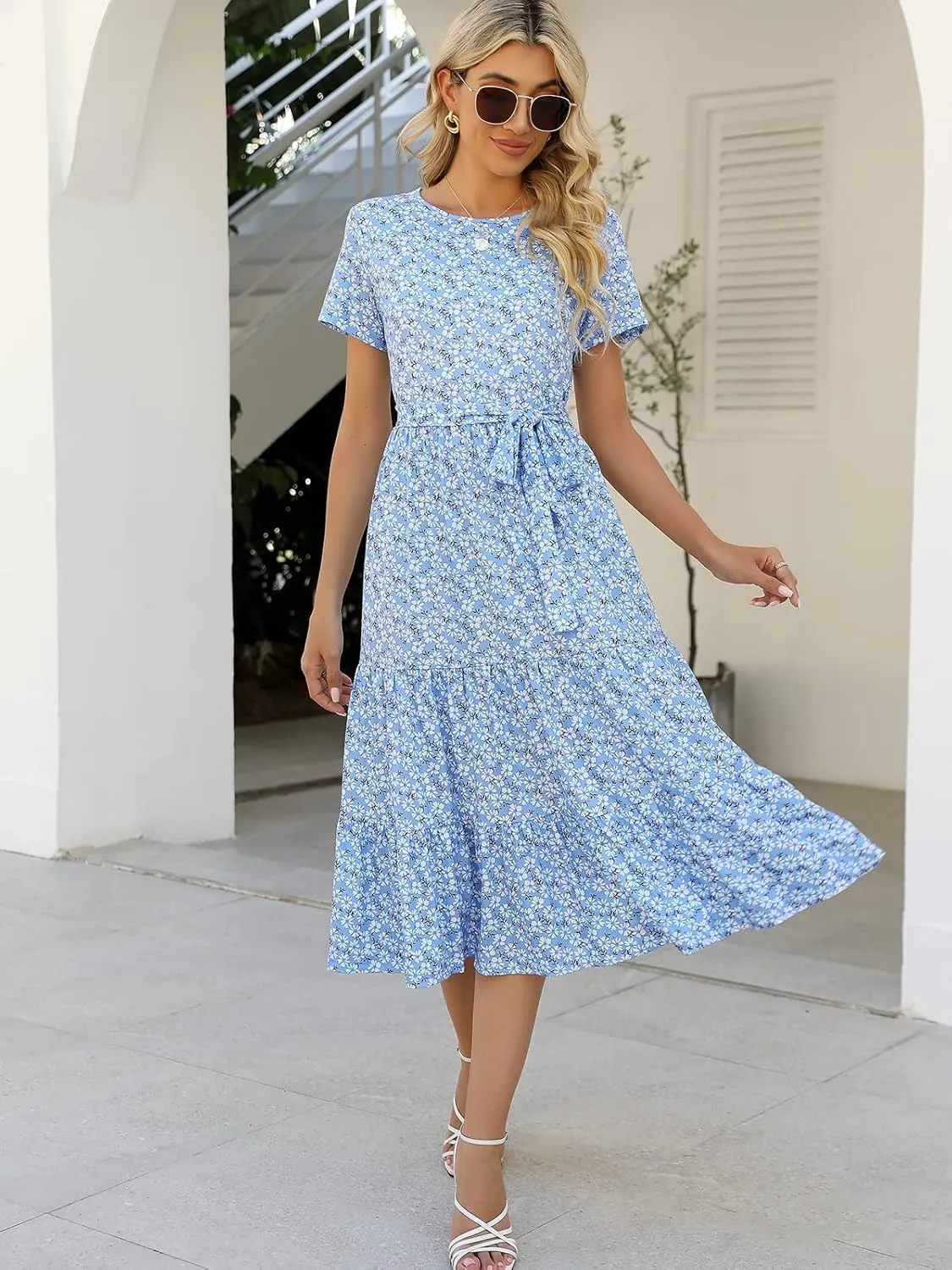 Lyrur Women's Dresses Casual Summer Tiered Midi Dress Short Sleeve Belted Ruffle Babydoll Boho Sundress with Pockets