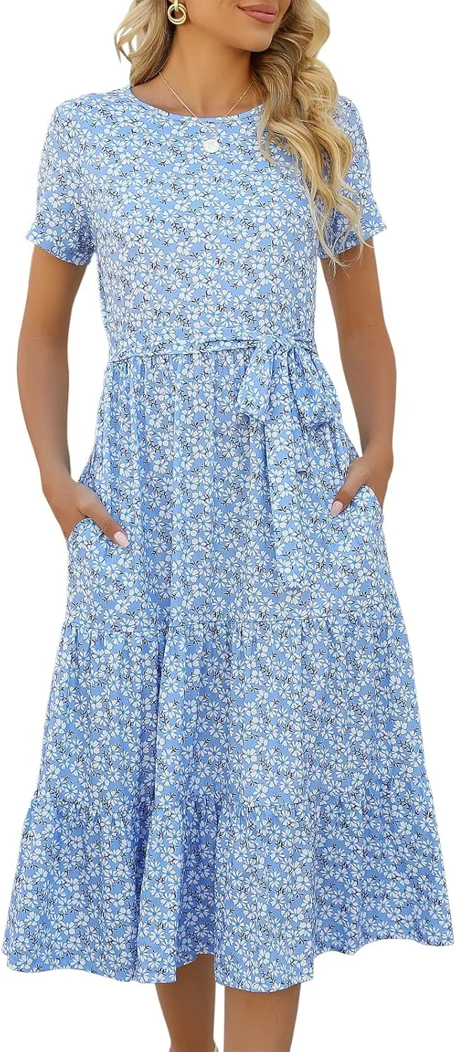 Lyrur Women's Dresses Casual Summer Tiered Midi Dress Short Sleeve Belted Ruffle Babydoll Boho Sundress with Pockets