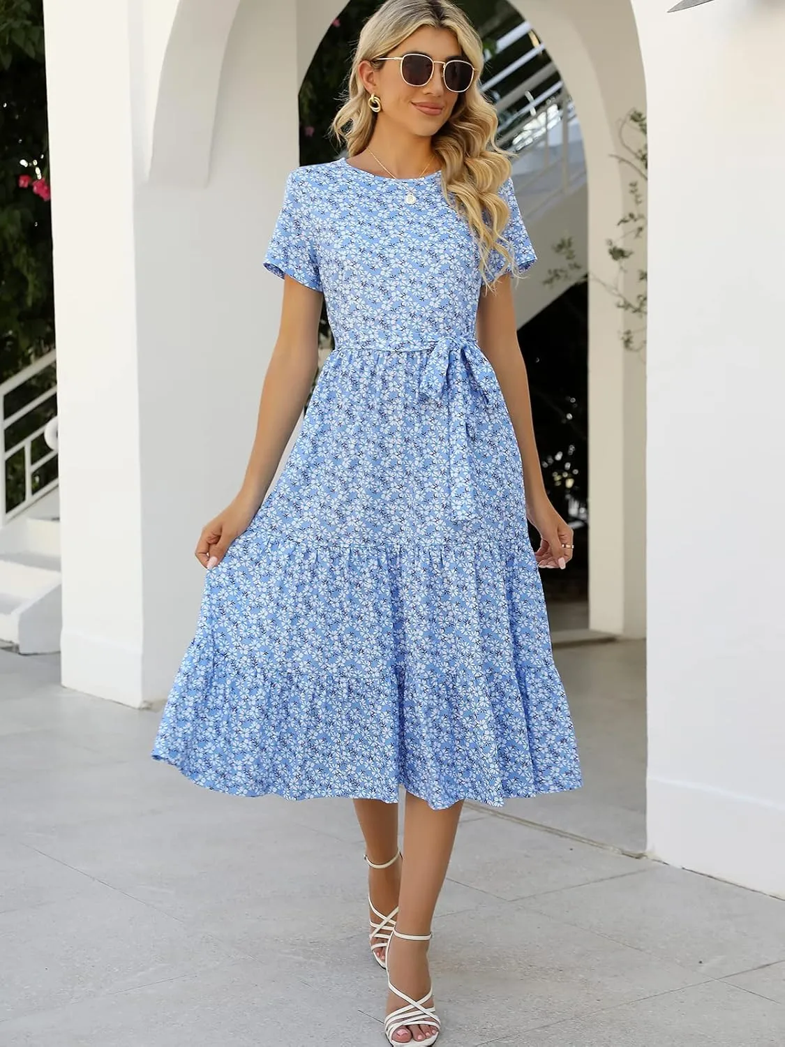 Lyrur Women's Dresses Casual Summer Tiered Midi Dress Short Sleeve Belted Ruffle Babydoll Boho Sundress with Pockets
