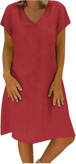 maisdgop Linen Shirt Dresses for Women Casual Summer V Neck Short Sleeve Midi Dress Plus Size Solid Color Beach Sundress