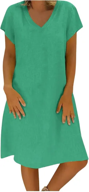 maisdgop Linen Shirt Dresses for Women Casual Summer V Neck Short Sleeve Midi Dress Plus Size Solid Color Beach Sundress