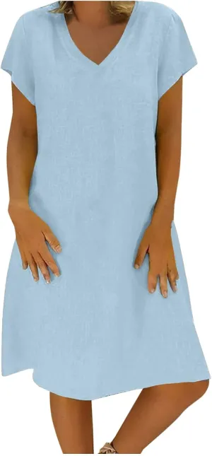 maisdgop Linen Shirt Dresses for Women Casual Summer V Neck Short Sleeve Midi Dress Plus Size Solid Color Beach Sundress