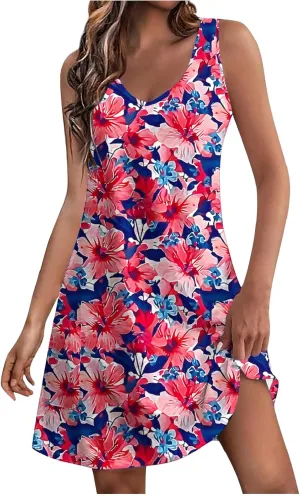 maisdgop Womens Summer Dresses Trendy Wide Strap Floral Print Beach Dresses Loose V Neck Sleeveless Sundresses with Pockets