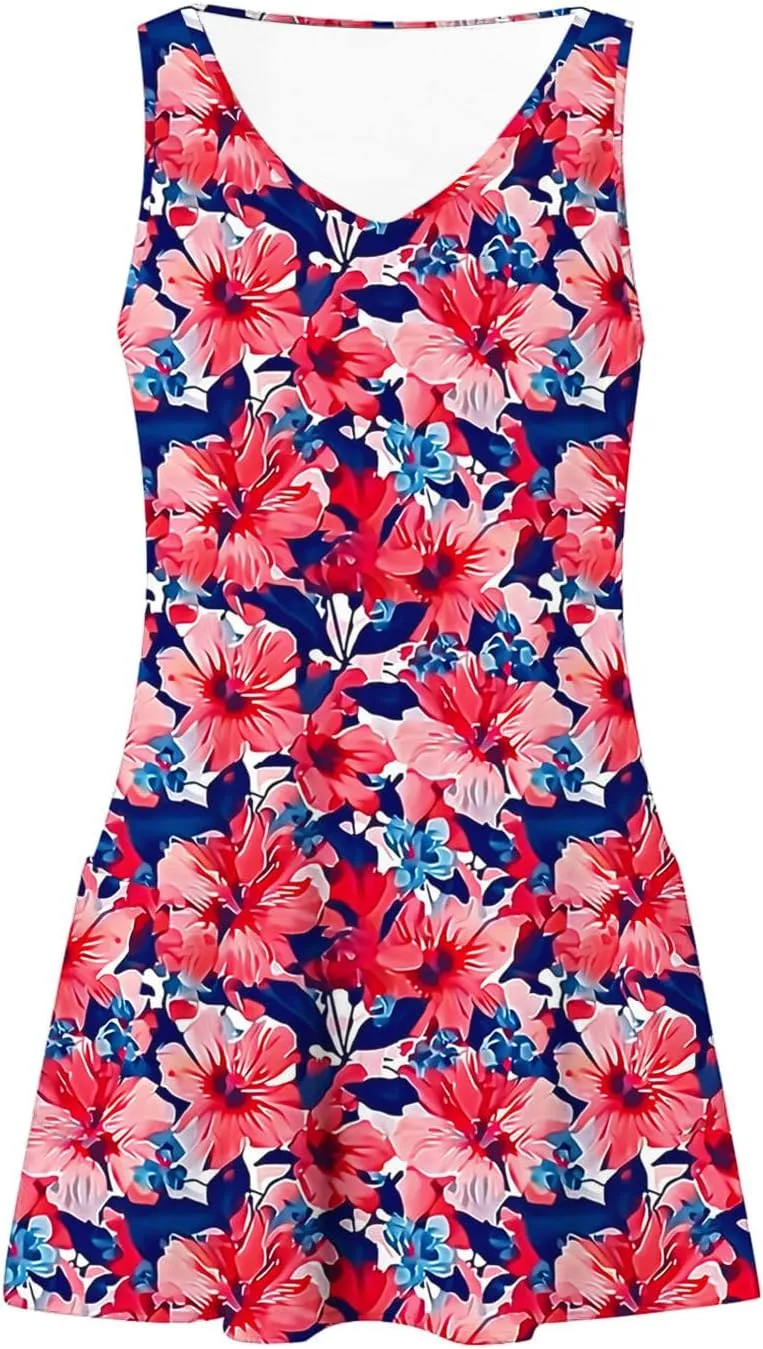 maisdgop Womens Summer Dresses Trendy Wide Strap Floral Print Beach Dresses Loose V Neck Sleeveless Sundresses with Pockets