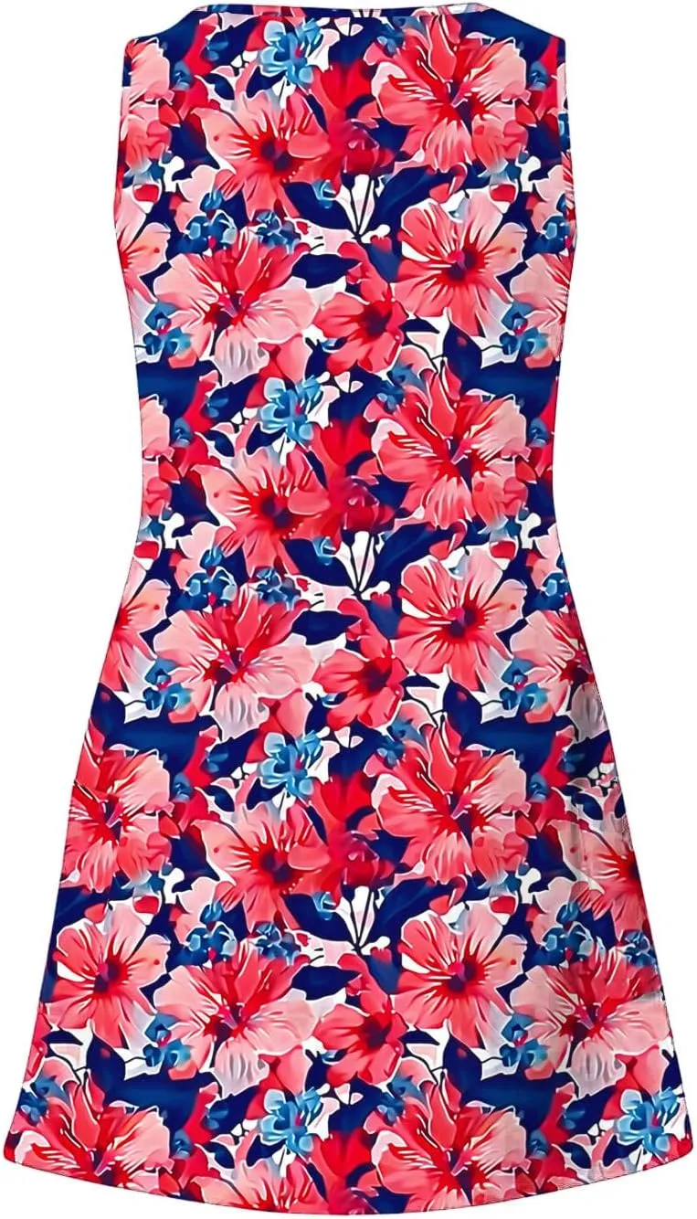 maisdgop Womens Summer Dresses Trendy Wide Strap Floral Print Beach Dresses Loose V Neck Sleeveless Sundresses with Pockets