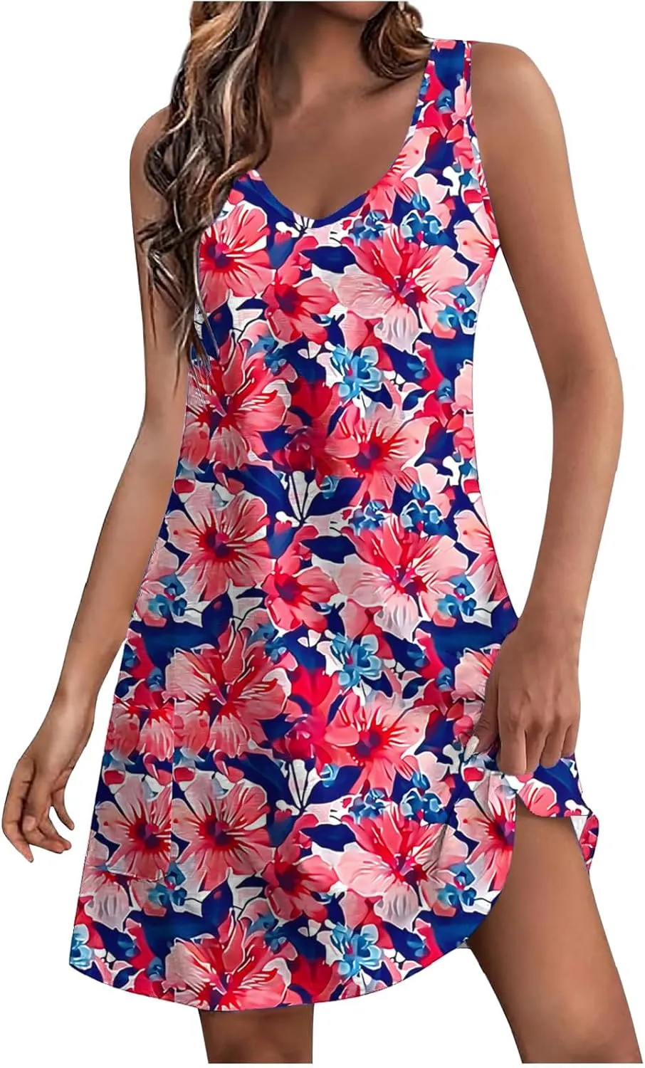 maisdgop Womens Summer Dresses Trendy Wide Strap Floral Print Beach Dresses Loose V Neck Sleeveless Sundresses with Pockets