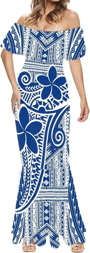 MARSVOVO Womens Polynesia Partten Off The Shoulder Dresses Ruffle Trim Short Sleeve Floor Length Maxi Dress