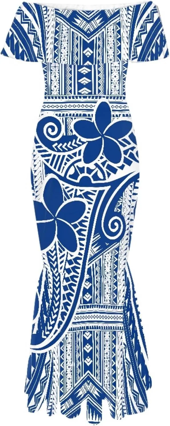 MARSVOVO Womens Polynesia Partten Off The Shoulder Dresses Ruffle Trim Short Sleeve Floor Length Maxi Dress