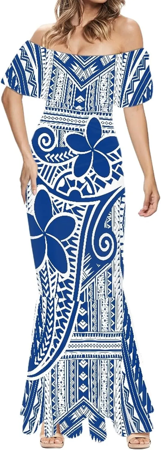 MARSVOVO Womens Polynesia Partten Off The Shoulder Dresses Ruffle Trim Short Sleeve Floor Length Maxi Dress