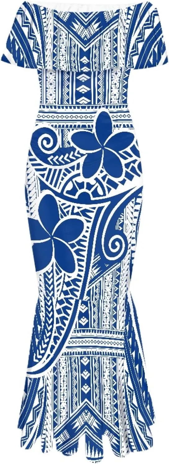 MARSVOVO Womens Polynesia Partten Off The Shoulder Dresses Ruffle Trim Short Sleeve Floor Length Maxi Dress