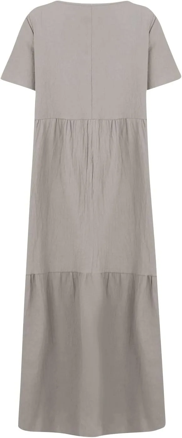 Maxi Dress for Women Casual Summer Linen Short Sleeve V Neck Baggy Sundress Plus Size Solid Flowy Beach Long Dresses