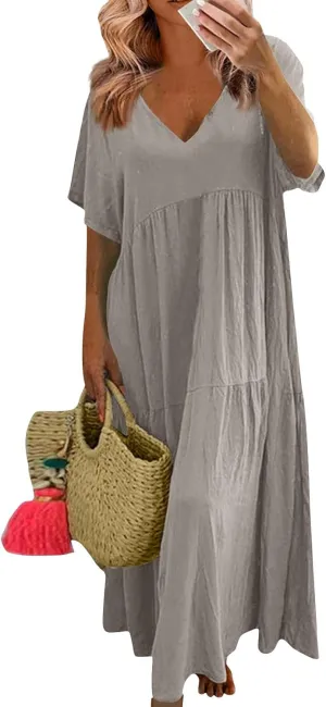 Maxi Dress for Women Casual Summer Linen Short Sleeve V Neck Baggy Sundress Plus Size Solid Flowy Beach Long Dresses
