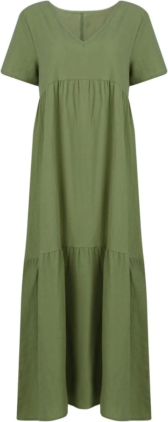 Maxi Dress for Women Casual Summer Linen Short Sleeve V Neck Baggy Sundress Plus Size Solid Flowy Beach Long Dresses