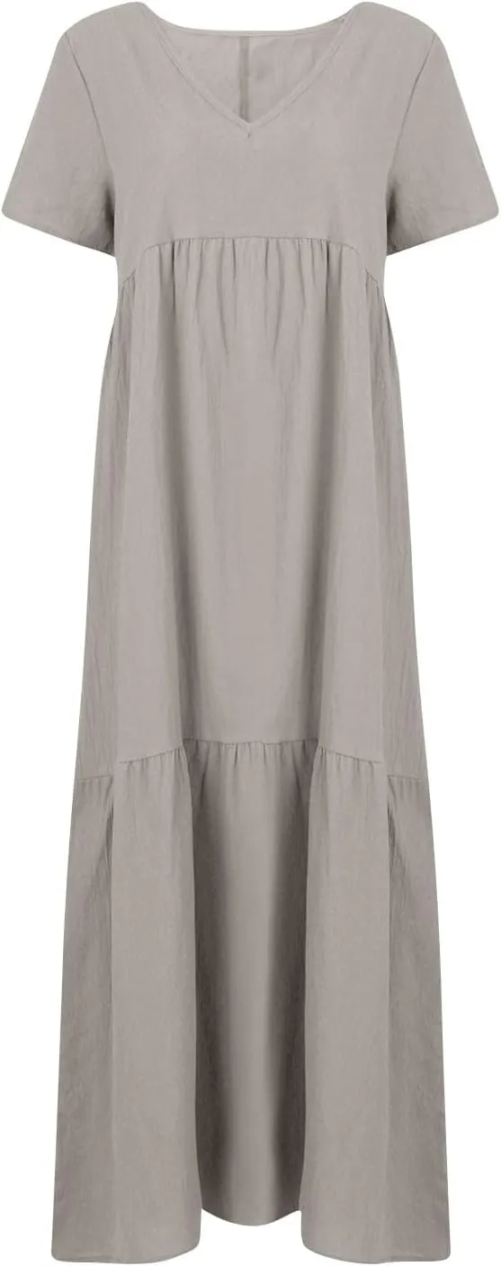 Maxi Dress for Women Casual Summer Linen Short Sleeve V Neck Baggy Sundress Plus Size Solid Flowy Beach Long Dresses