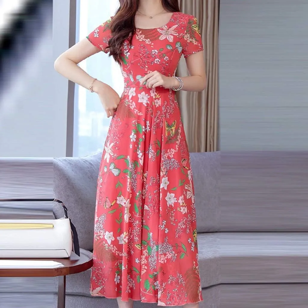 Maxi Dresses for Women 2023 Summer Casual Short Sleeve Crewneck Floral Long Dress Elegant Flowy Beach Vacation Dress