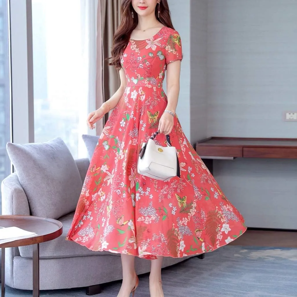 Maxi Dresses for Women 2023 Summer Casual Short Sleeve Crewneck Floral Long Dress Elegant Flowy Beach Vacation Dress