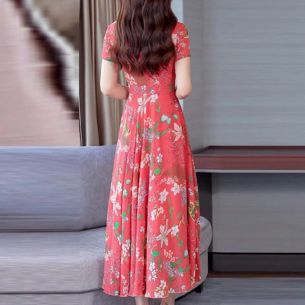 Maxi Dresses for Women 2023 Summer Casual Short Sleeve Crewneck Floral Long Dress Elegant Flowy Beach Vacation Dress