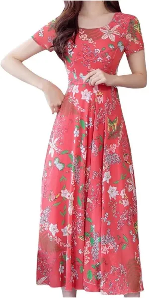 Maxi Dresses for Women 2023 Summer Casual Short Sleeve Crewneck Floral Long Dress Elegant Flowy Beach Vacation Dress