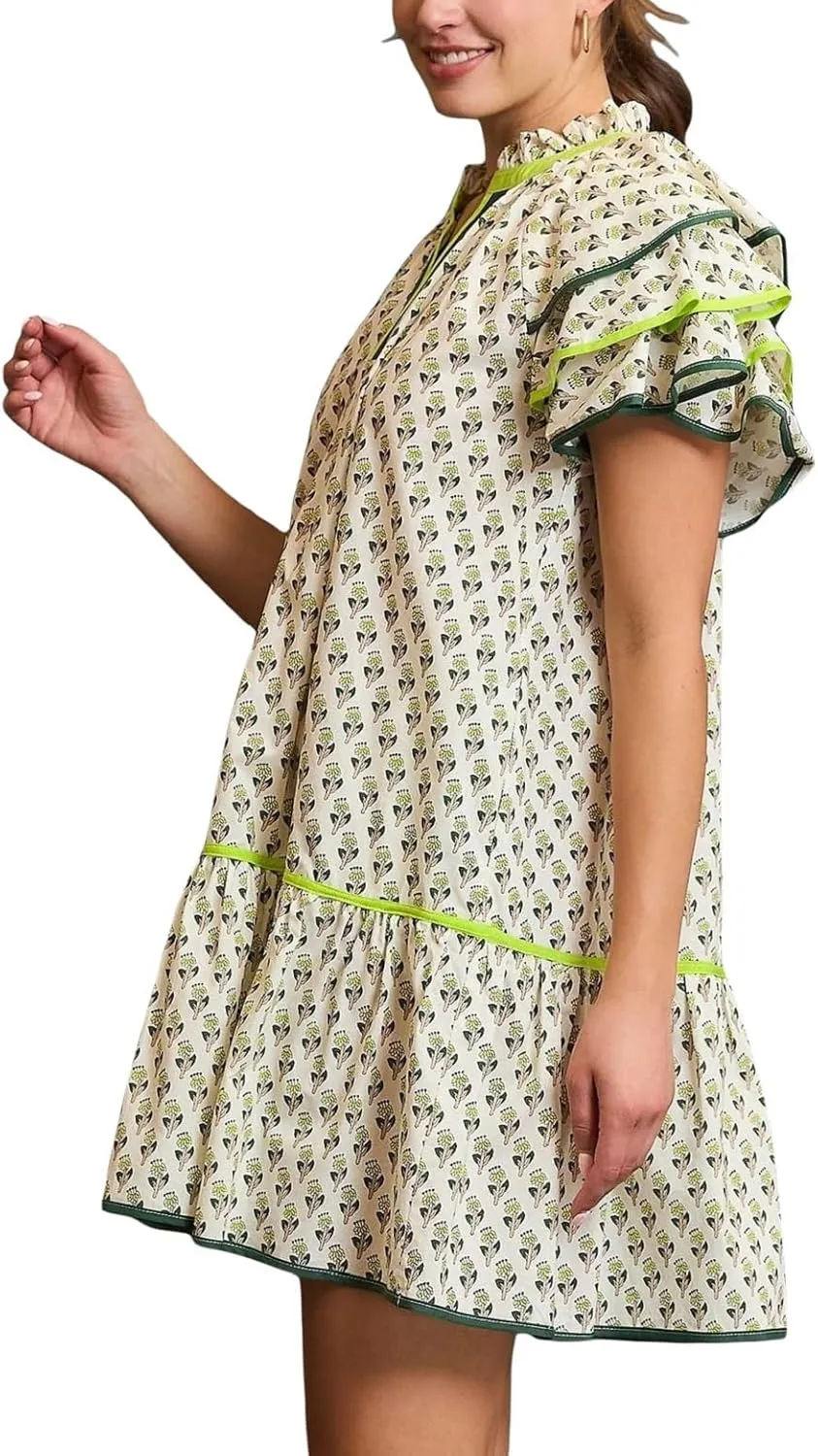 Melliflo Womens Summer Casual Floral Mini Dress V-Neck Puff Sleeve Flowy Tiered Babydoll Dress Swing Beach Vacation Sundress