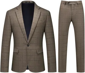 Mens Plaid Suit Tweed Slim Fit 2 Piece Casual Suits for Men One Button Tuxedo Suits Set Blazer Jacket & Pants Set