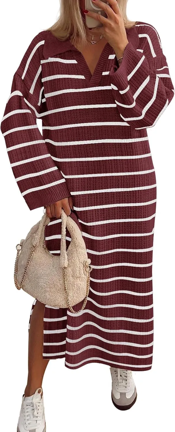 MEROKEETY Women's 2024 Long Sleeve Striped Sweater Dress V Neck Collared Slit Casual Knit Maxi Dresses