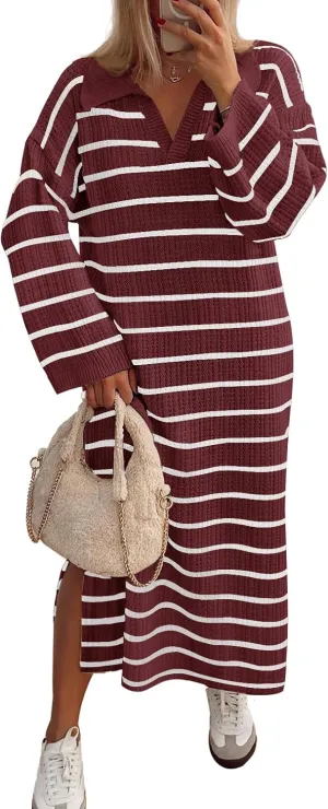 MEROKEETY Women's 2024 Long Sleeve Striped Sweater Dress V Neck Collared Slit Casual Knit Maxi Dresses