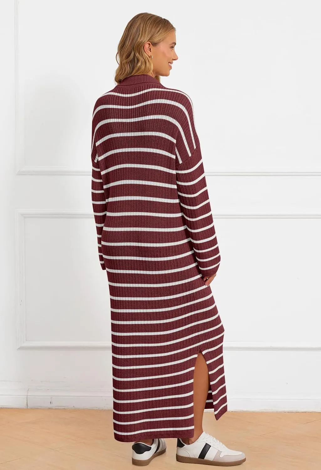 MEROKEETY Women's 2024 Long Sleeve Striped Sweater Dress V Neck Collared Slit Casual Knit Maxi Dresses