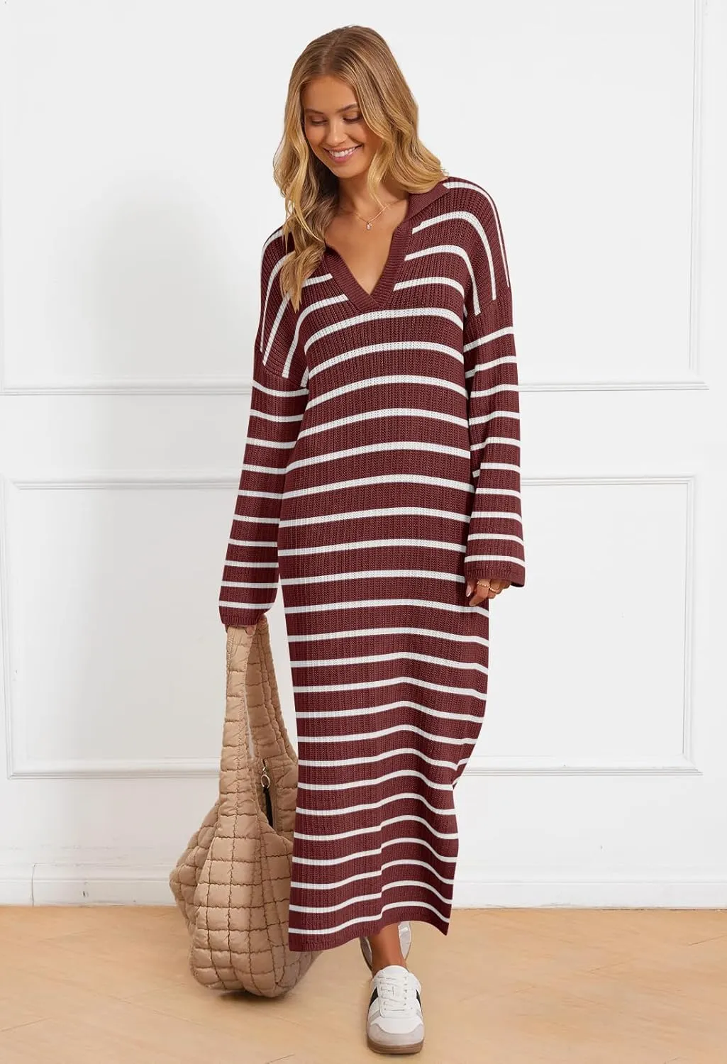 MEROKEETY Women's 2024 Long Sleeve Striped Sweater Dress V Neck Collared Slit Casual Knit Maxi Dresses
