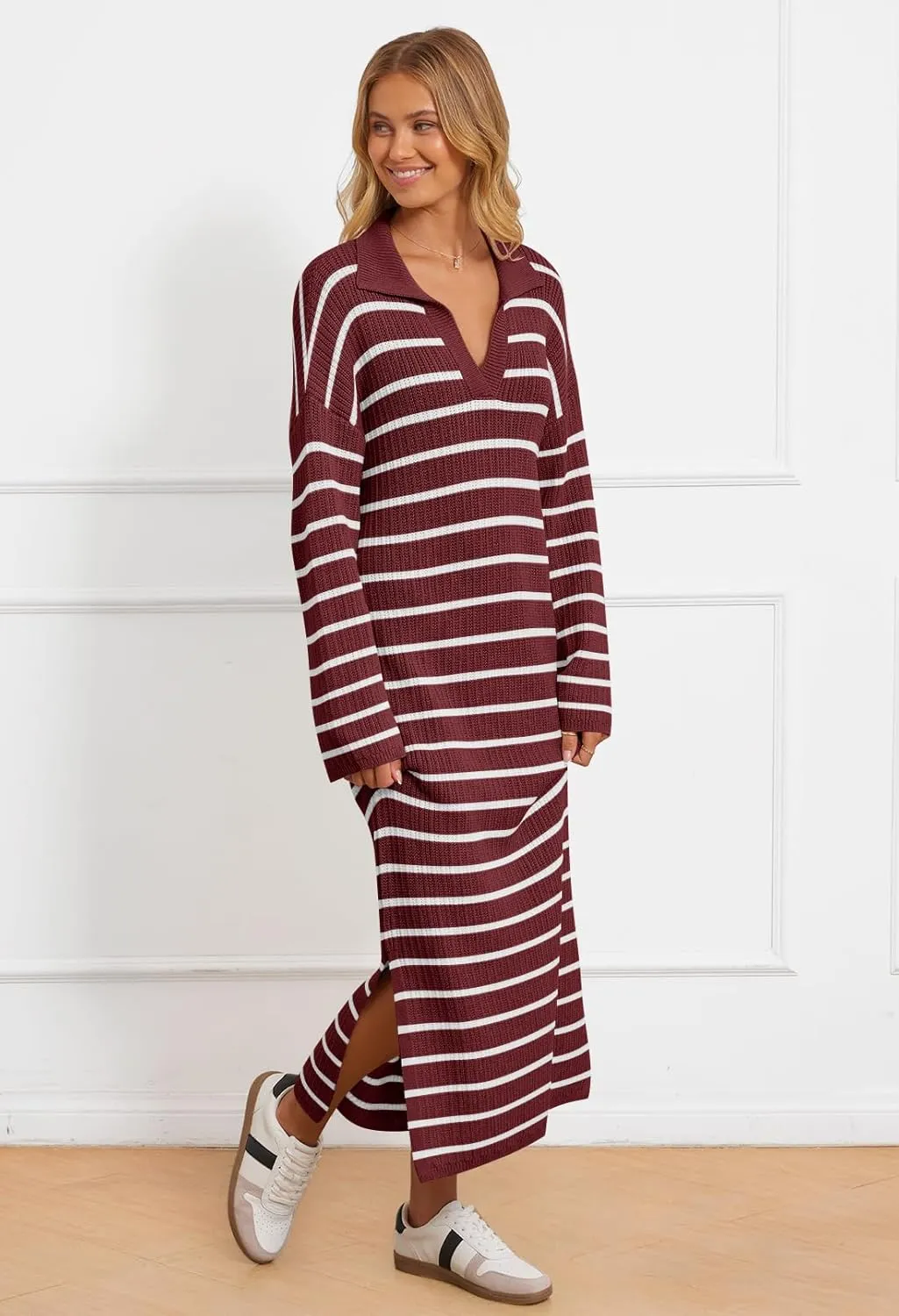 MEROKEETY Women's 2024 Long Sleeve Striped Sweater Dress V Neck Collared Slit Casual Knit Maxi Dresses