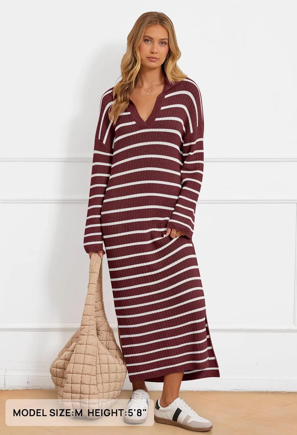 MEROKEETY Women's 2024 Long Sleeve Striped Sweater Dress V Neck Collared Slit Casual Knit Maxi Dresses