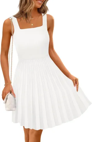 MEROKEETY Women's Summer Strap Square Neck Mini Dress Sleeveless Pleated A Line Swing Sweater Dress