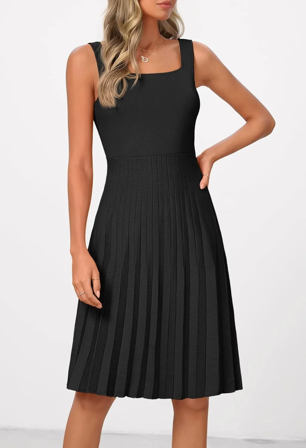 MEROKEETY Women's Summer Strap Square Neck Mini Dress Sleeveless Pleated A Line Swing Sweater Dress