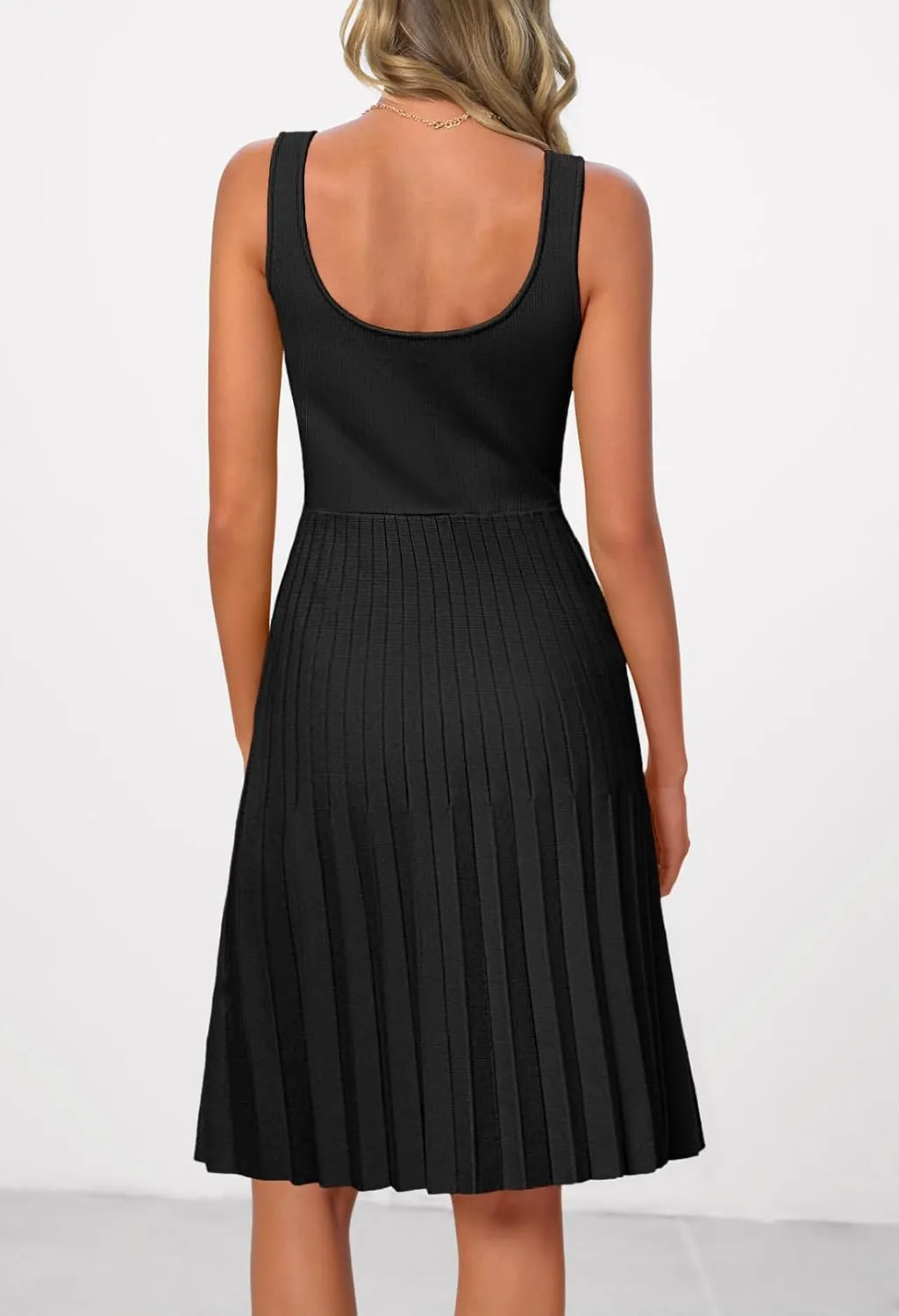 MEROKEETY Women's Summer Strap Square Neck Mini Dress Sleeveless Pleated A Line Swing Sweater Dress