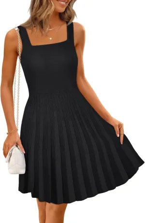 MEROKEETY Women's Summer Strap Square Neck Mini Dress Sleeveless Pleated A Line Swing Sweater Dress