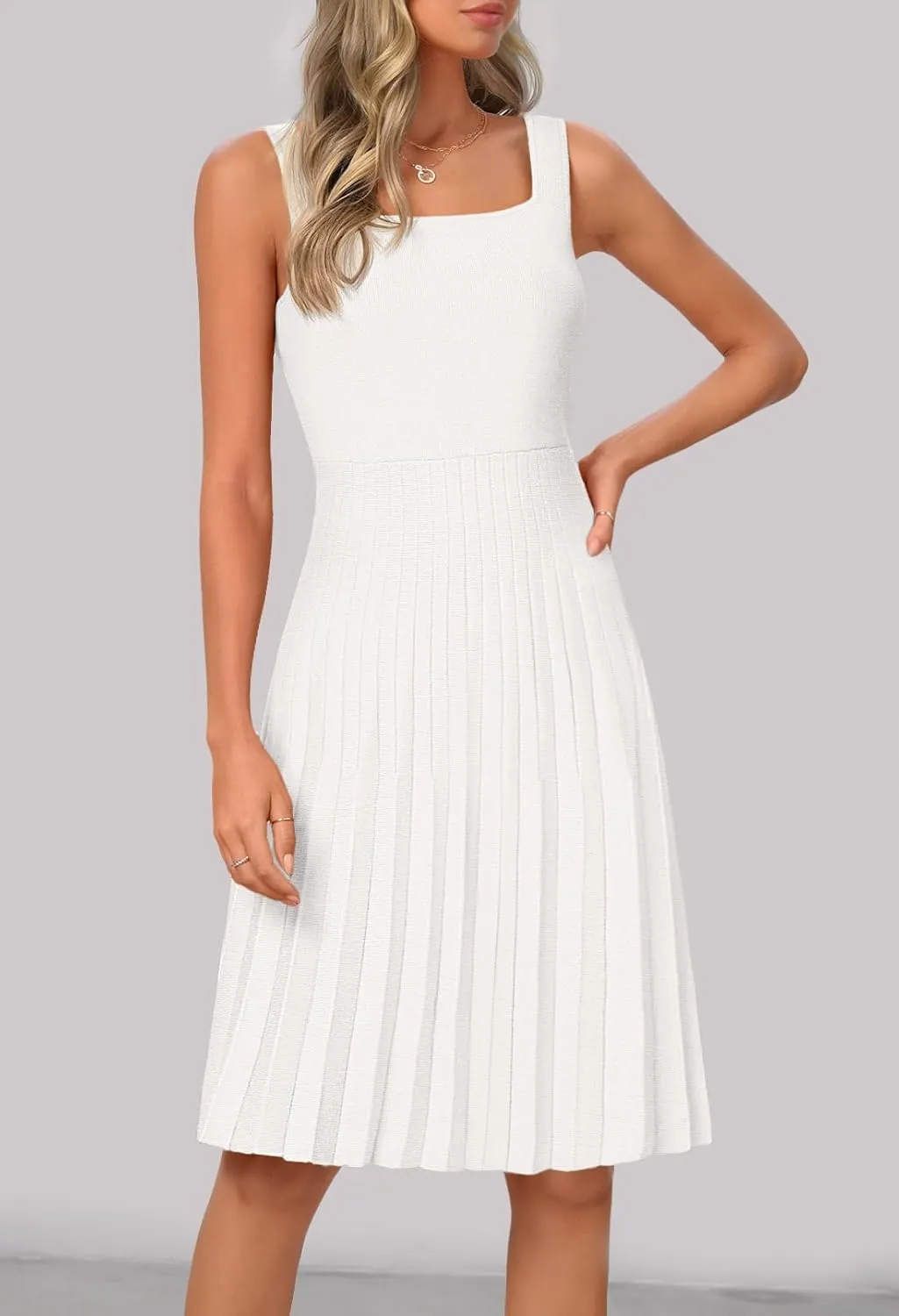 MEROKEETY Women's Summer Strap Square Neck Mini Dress Sleeveless Pleated A Line Swing Sweater Dress
