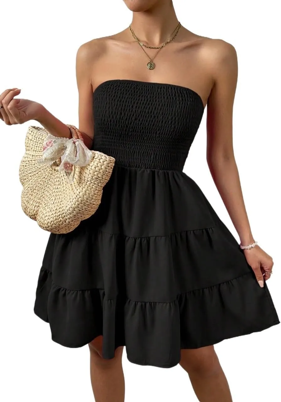 METOES Women's Spring Summer 2023 Boho Mini Short Dress Ruffle Hem Tube Dress