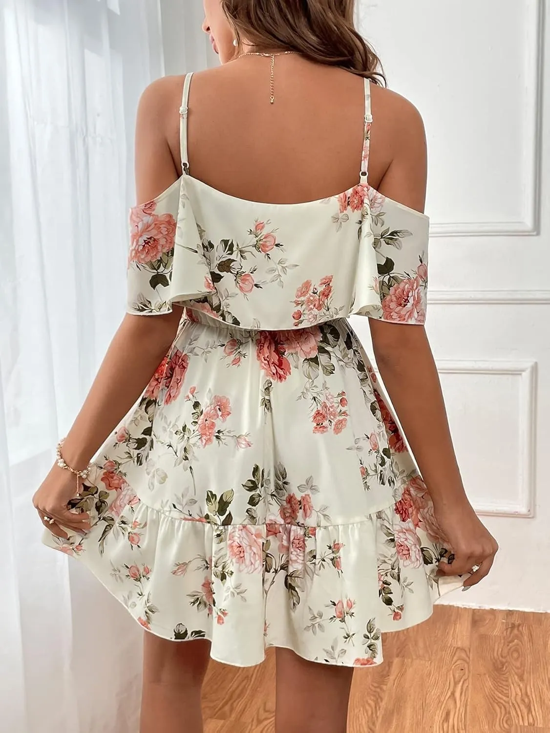 METOES Women's Spring Summer 2023 Boho Mini Short Dress Spaghetti Strap Floral Print Cold Shoulder Ruffle Trim Dress