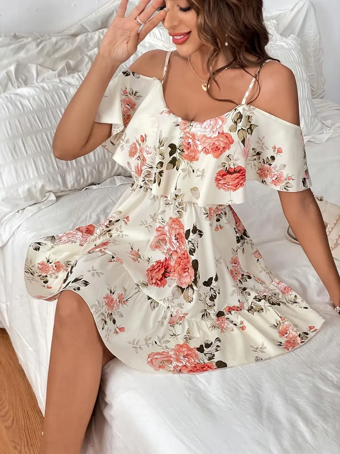 METOES Women's Spring Summer 2023 Boho Mini Short Dress Spaghetti Strap Floral Print Cold Shoulder Ruffle Trim Dress