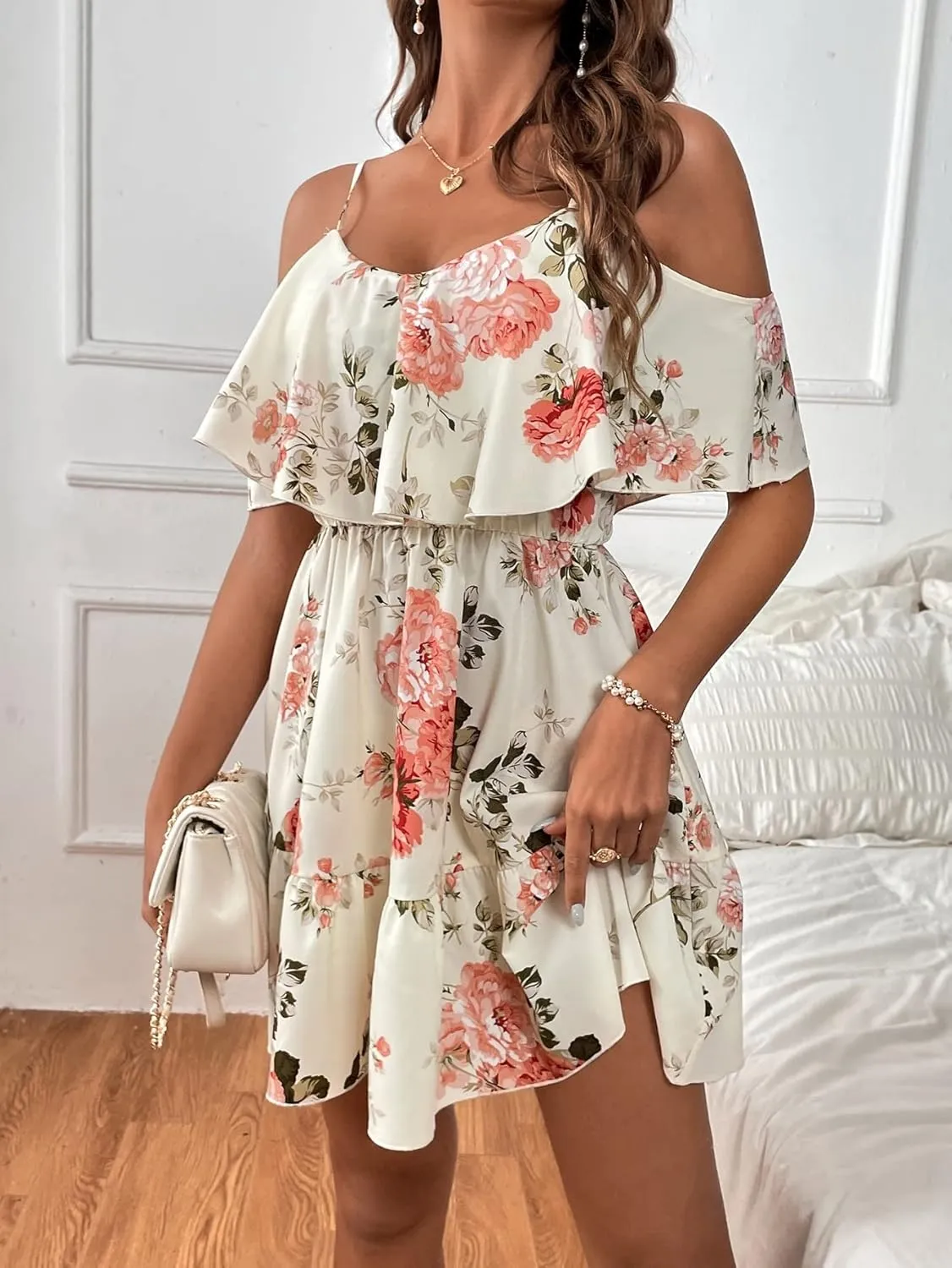 METOES Women's Spring Summer 2023 Boho Mini Short Dress Spaghetti Strap Floral Print Cold Shoulder Ruffle Trim Dress