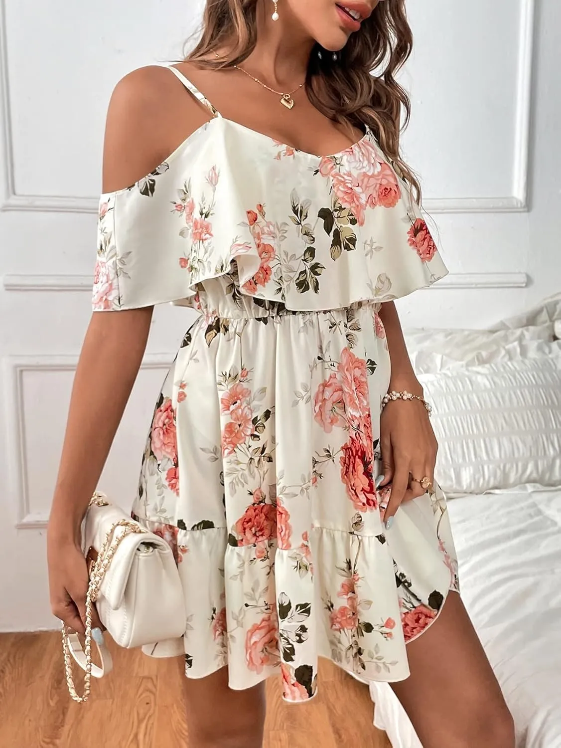 METOES Women's Spring Summer 2023 Boho Mini Short Dress Spaghetti Strap Floral Print Cold Shoulder Ruffle Trim Dress
