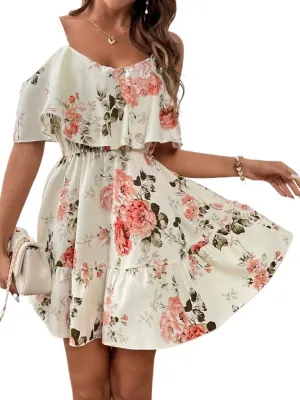 METOES Women's Spring Summer 2023 Boho Mini Short Dress Spaghetti Strap Floral Print Cold Shoulder Ruffle Trim Dress