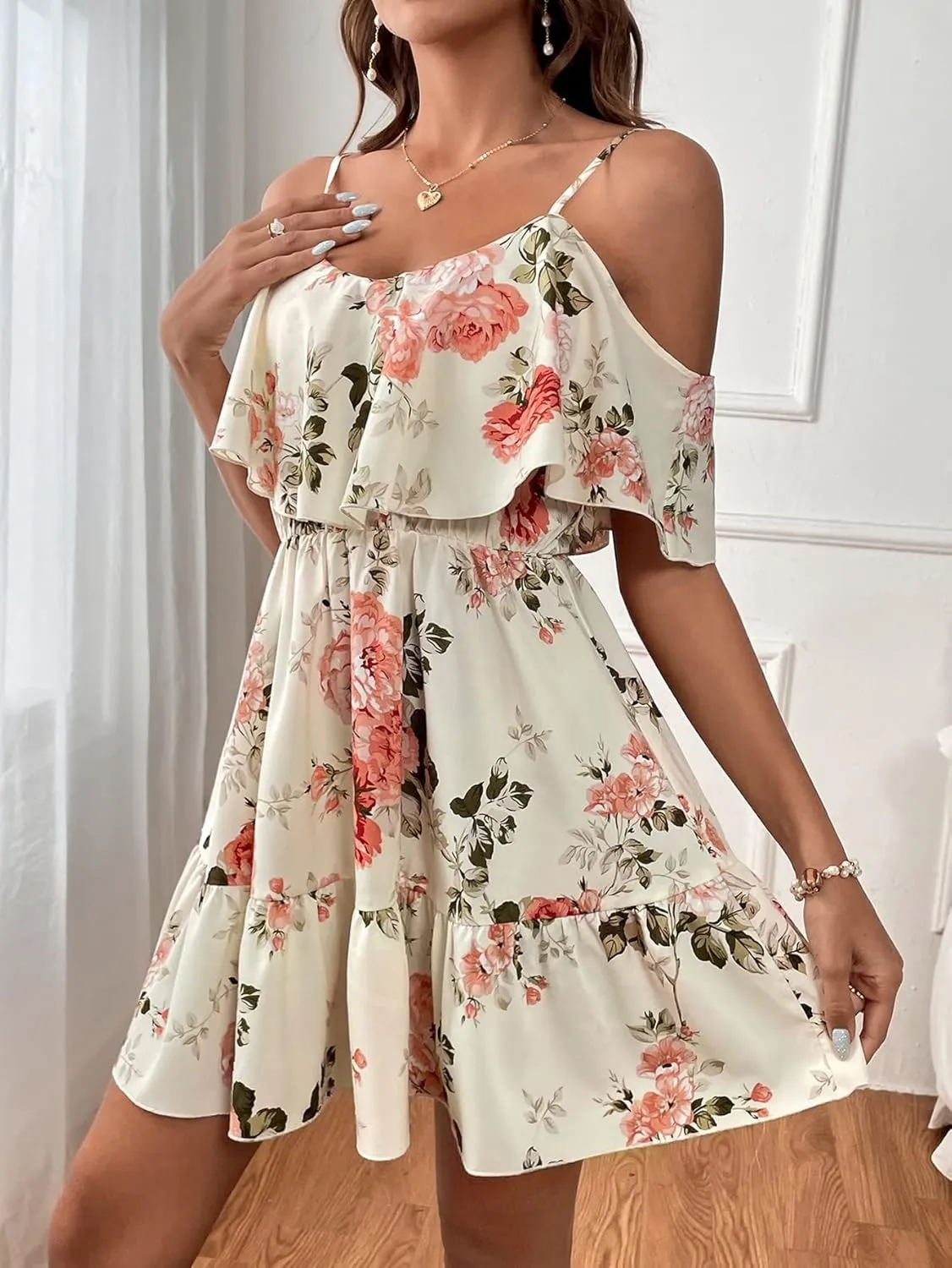 METOES Women's Spring Summer 2023 Boho Mini Short Dress Spaghetti Strap Floral Print Cold Shoulder Ruffle Trim Dress