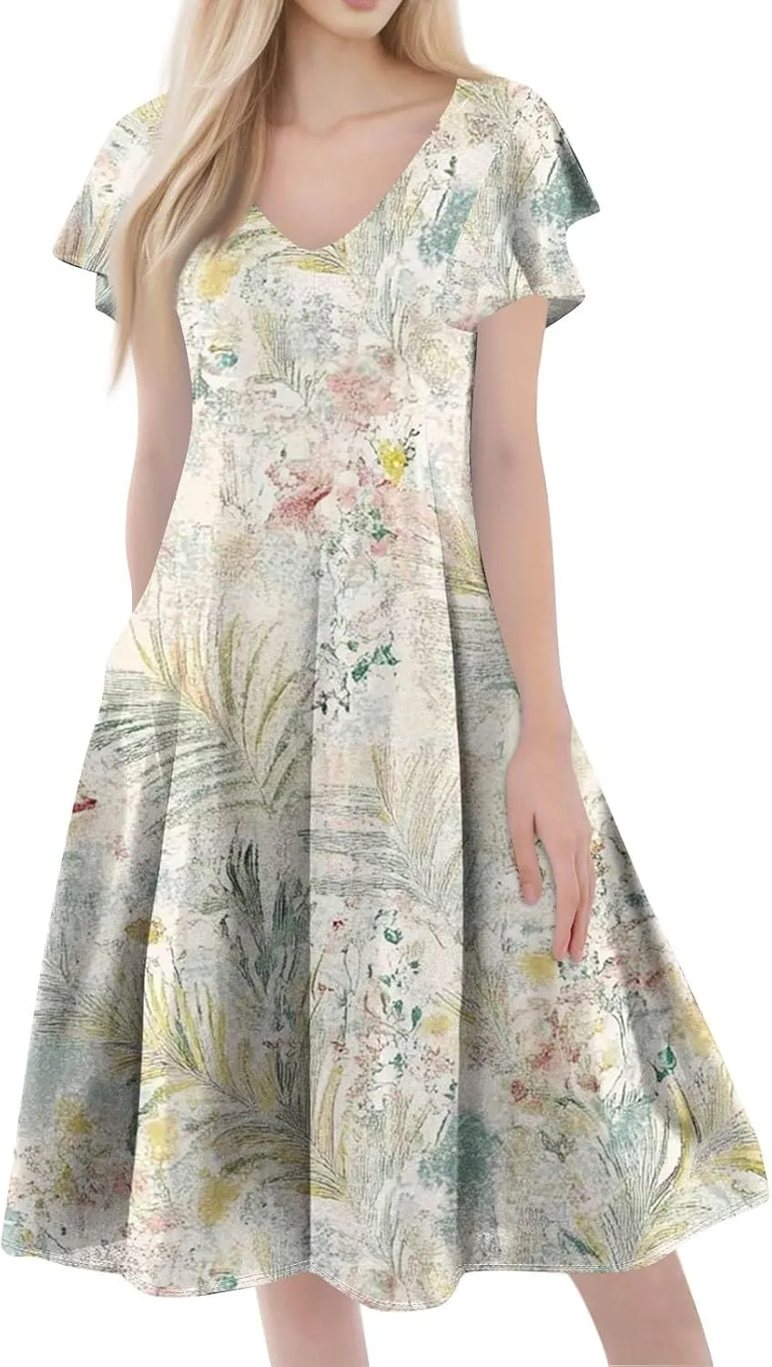 Midi Dresses Short Sleeve Deep V Neck Summer Casual Plus Size Split Trendy Casual Wedding Guest Dresses for Women Long