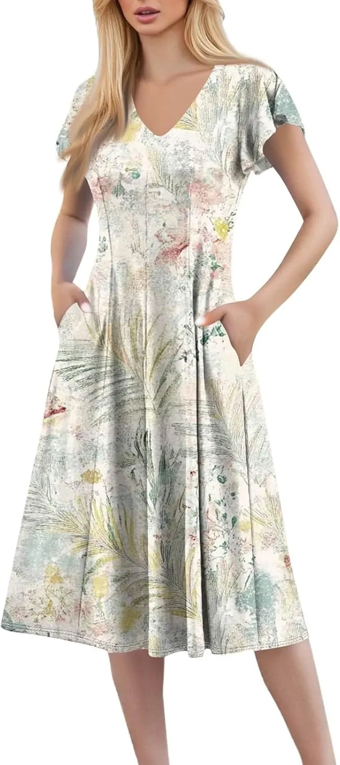 Midi Dresses Short Sleeve Deep V Neck Summer Casual Plus Size Split Trendy Casual Wedding Guest Dresses for Women Long