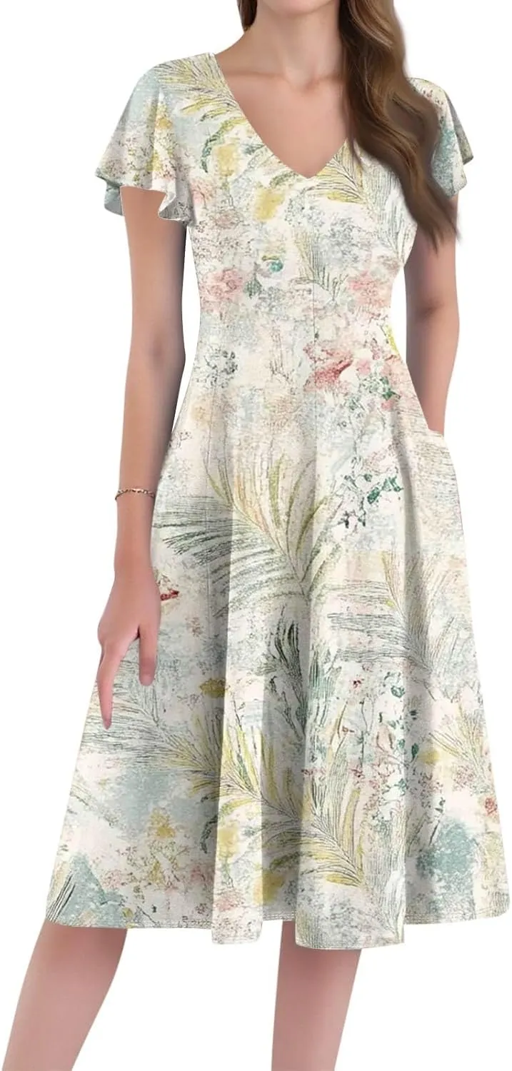 Midi Dresses Short Sleeve Deep V Neck Summer Casual Plus Size Split Trendy Casual Wedding Guest Dresses for Women Long