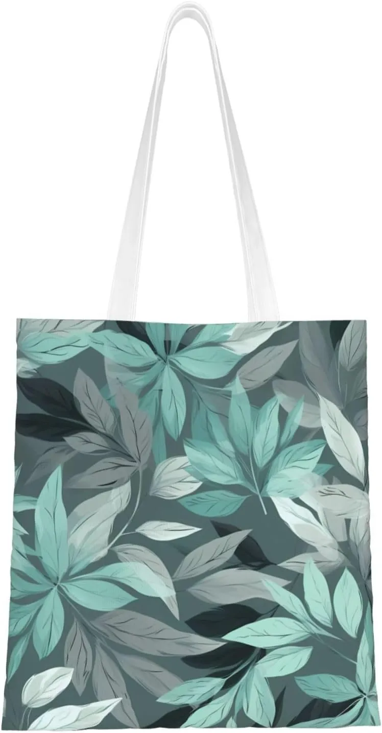 (Mint Gray Leaves) Reusable Canvas Tote Bag For Women Lightweight Handbag Shopping Bag Stylish Shoulder Bag